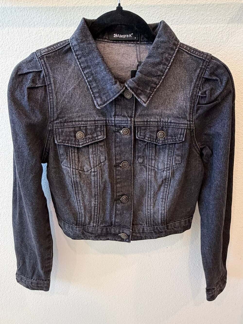 Allegra K Women's Cropped Denim Jacket Puff Sleeve Button Front Black Gray Small